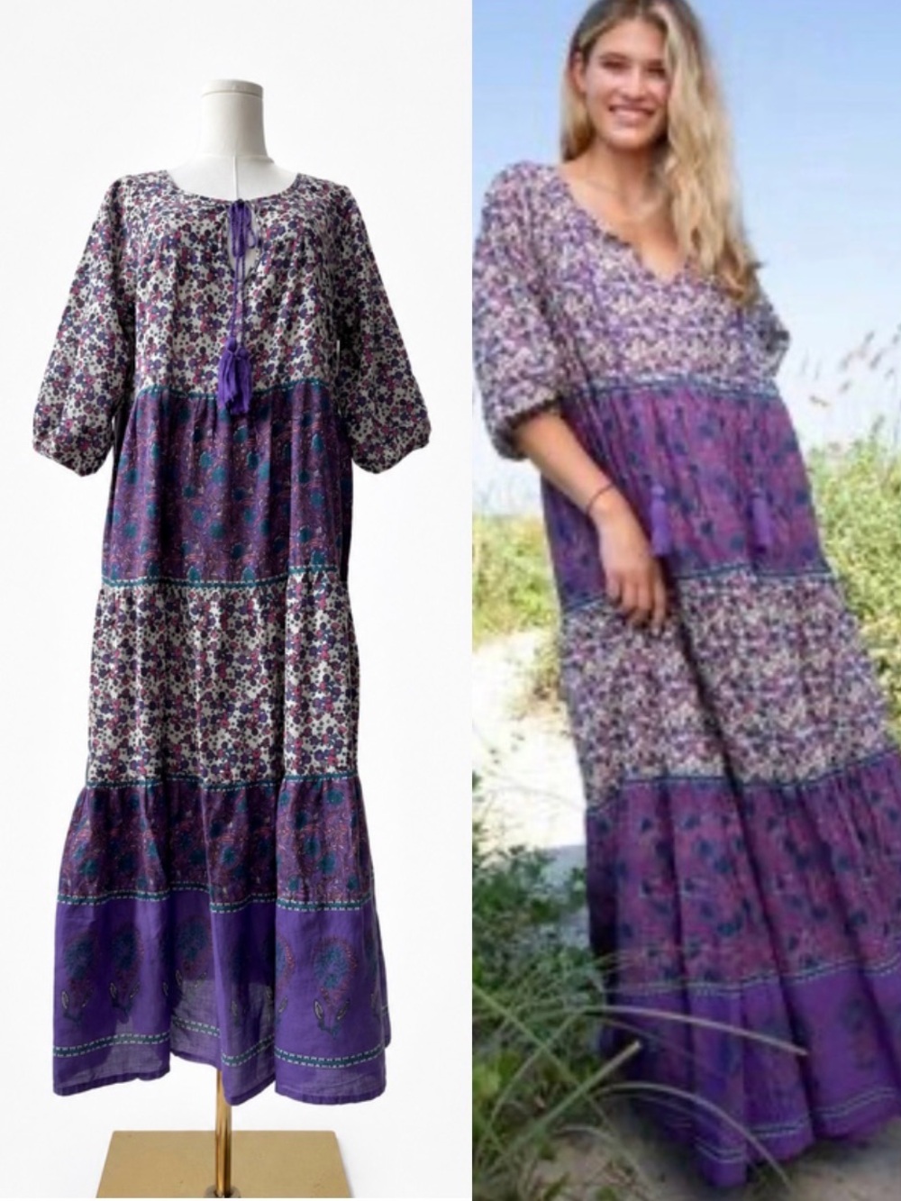 Natural Life Boho Maxi Dress S Purple Floral Tiered Tassel Cotton Cottagecore